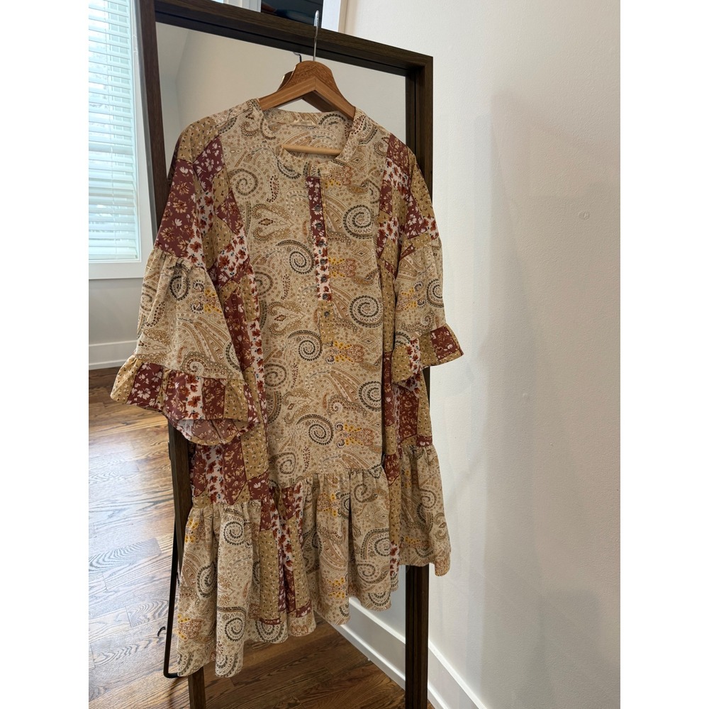 Boho Easel Patchwork Paisley Ruffle Mini Dress Earth Tones Bell Sleeve Boho L